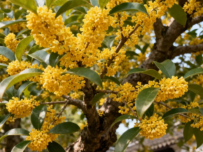 秋日桂花特写金黄花簇绿叶