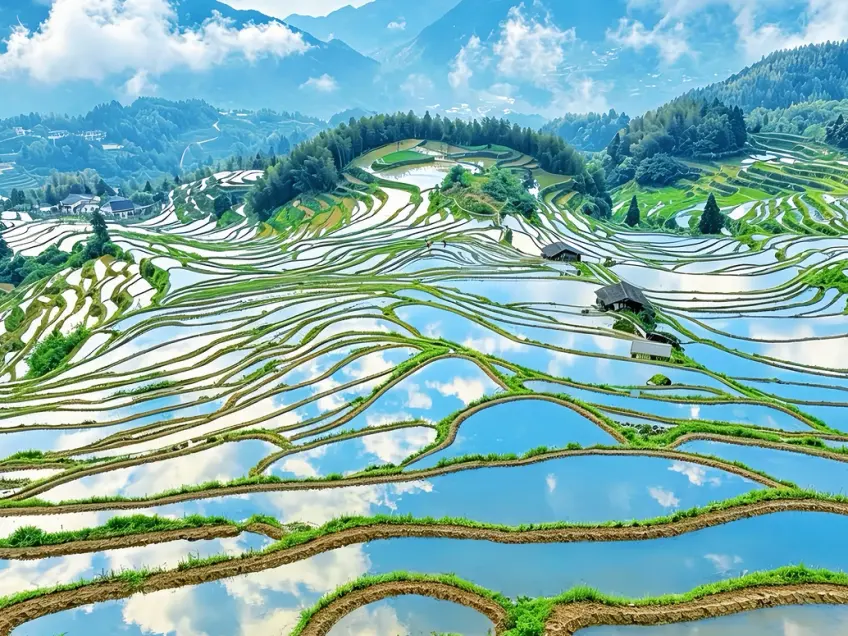 春天逛浙江：梯田水面映云与远山