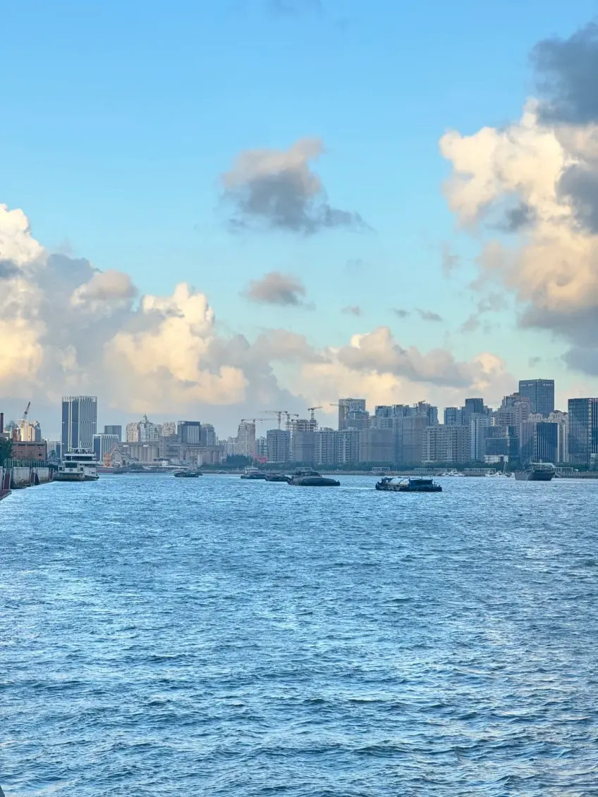 晴空藍天下黃浦江面與對岸樓群示意