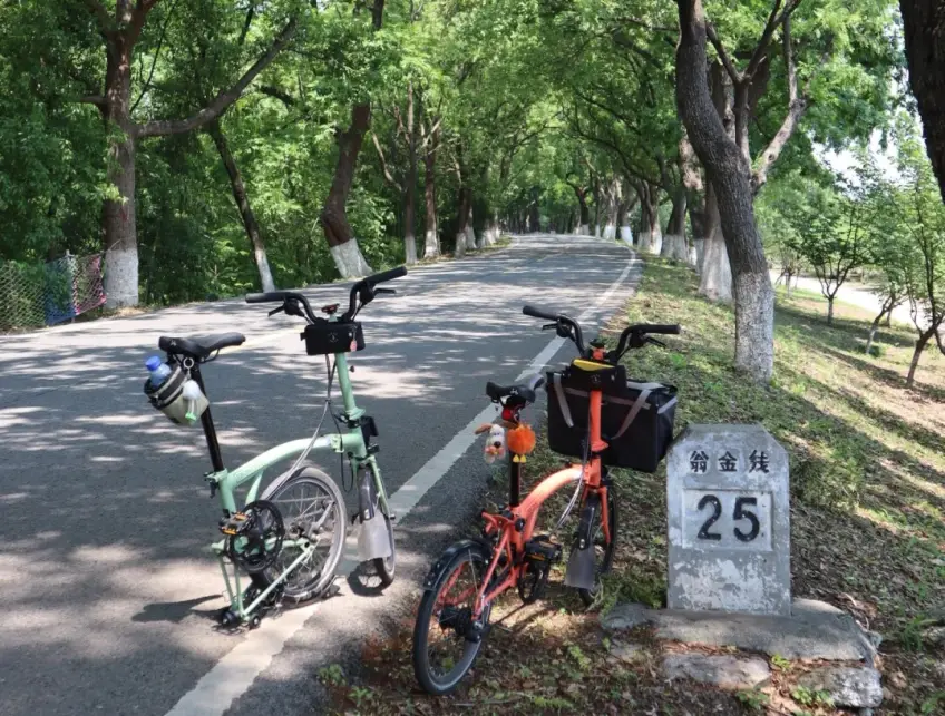 翁金线25公里里程碑旁两辆折叠车