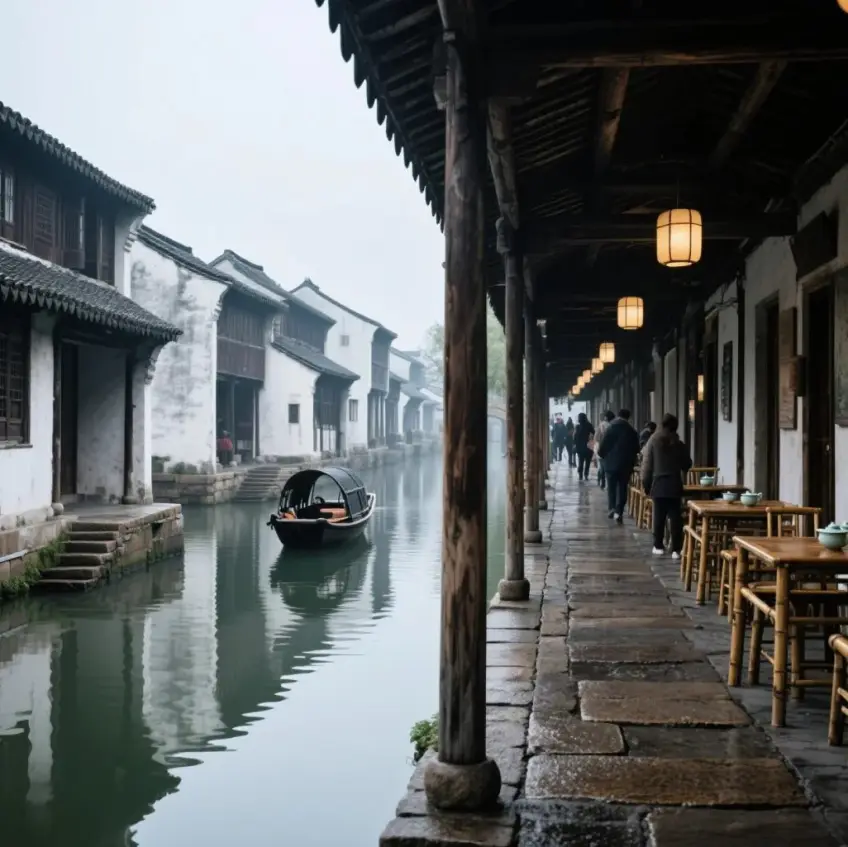 廊棚下暖色灯笼与河道乌篷船