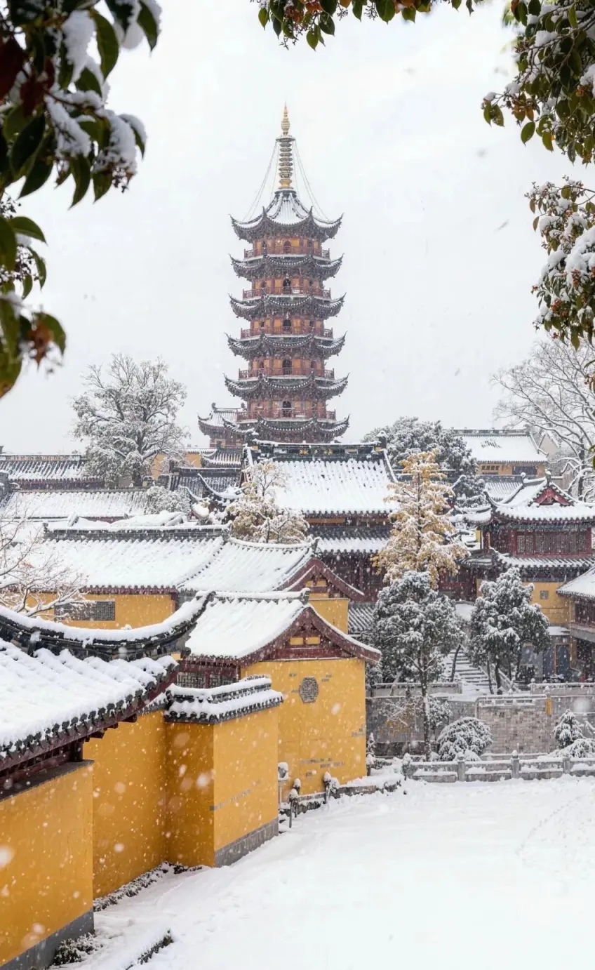 雪中雞鳴寺藥師塔全景