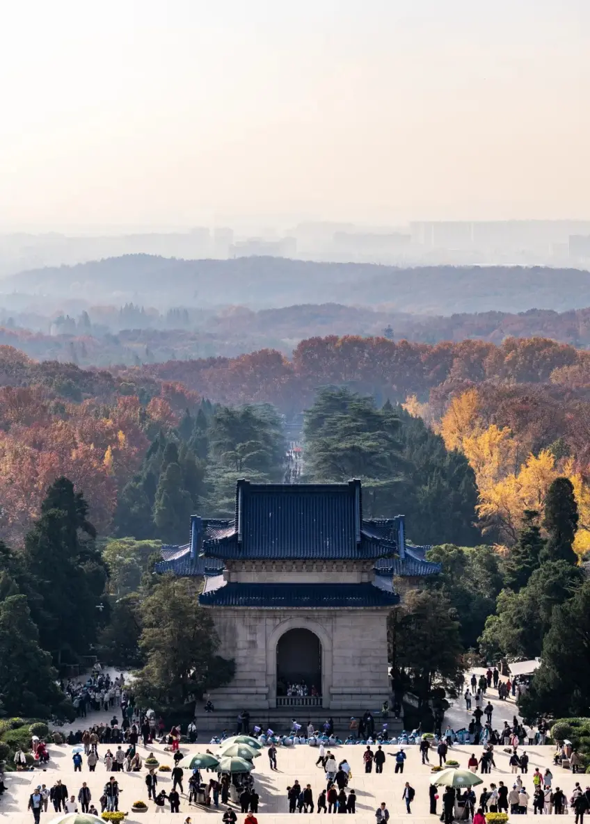 中山陵秋日臺階牌坊與層林遠山