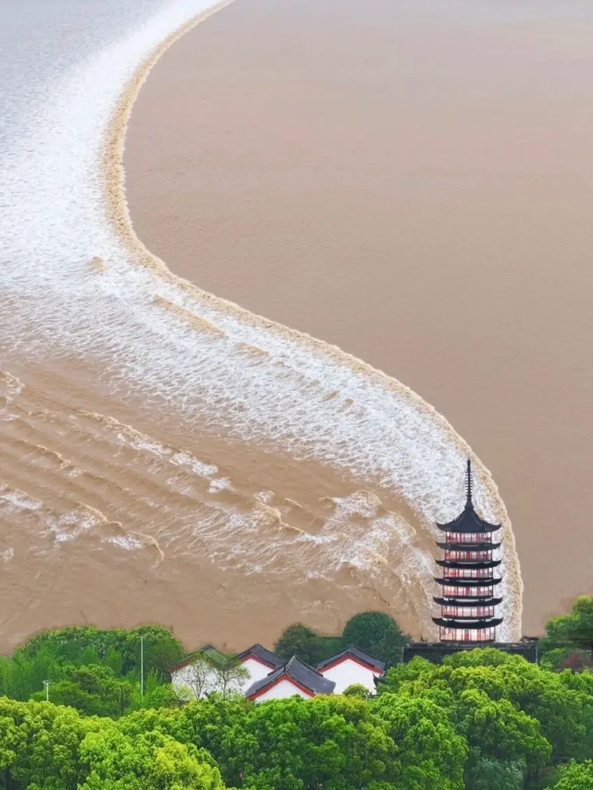 钱塘江大潮白浪掠过占鳌塔古建
