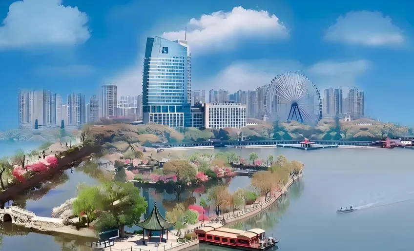 城市公園湖面天際線示意景色