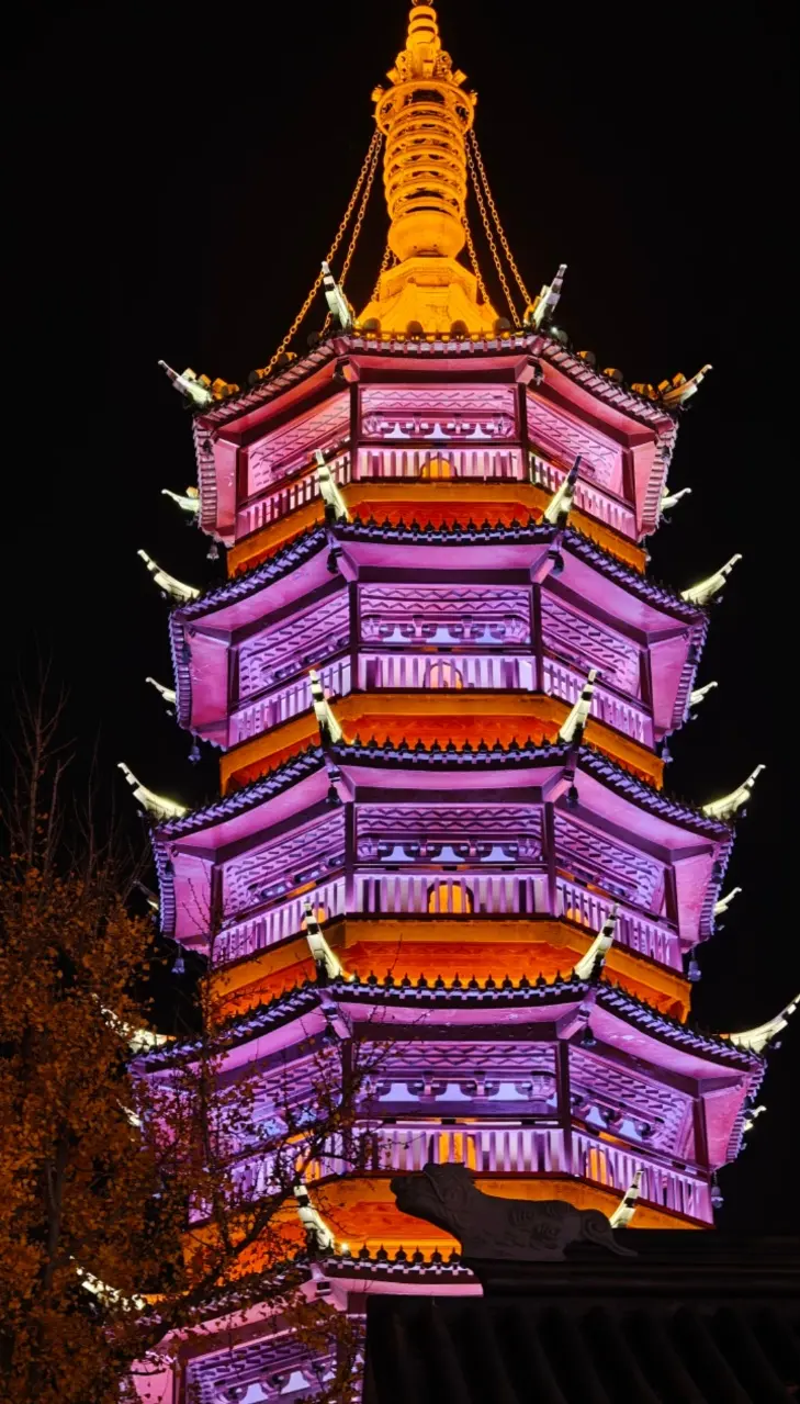 無錫南禪寺妙光塔夜景仰拍紫金燈光