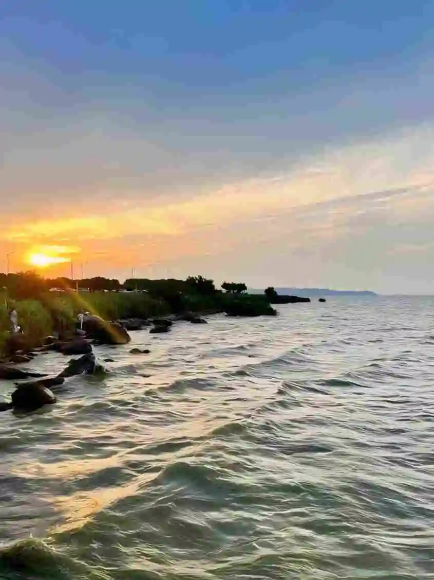 太湖湖岸岩石與夕陽水紋豎圖