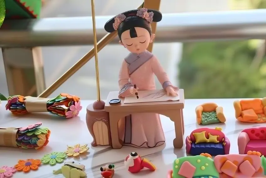 粉衣漢服人偶與迷你沙發花藝擺件