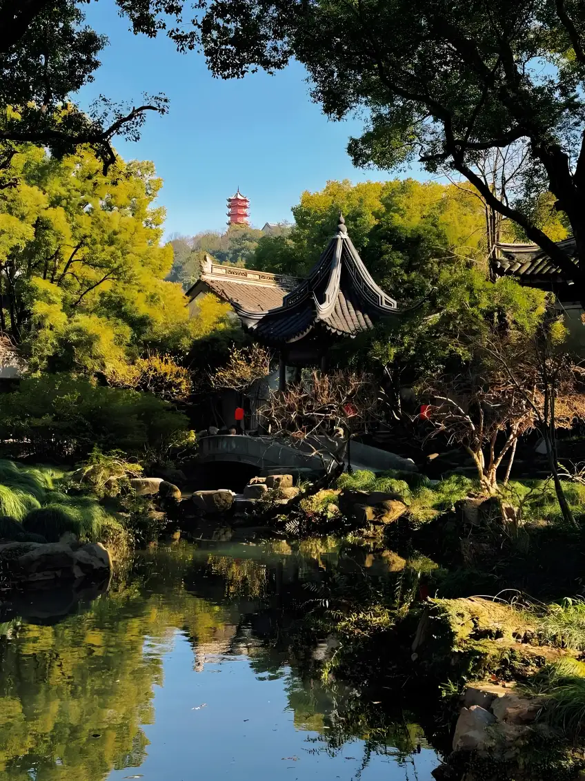 寄暢園亭廊綠蔭下的園林留影