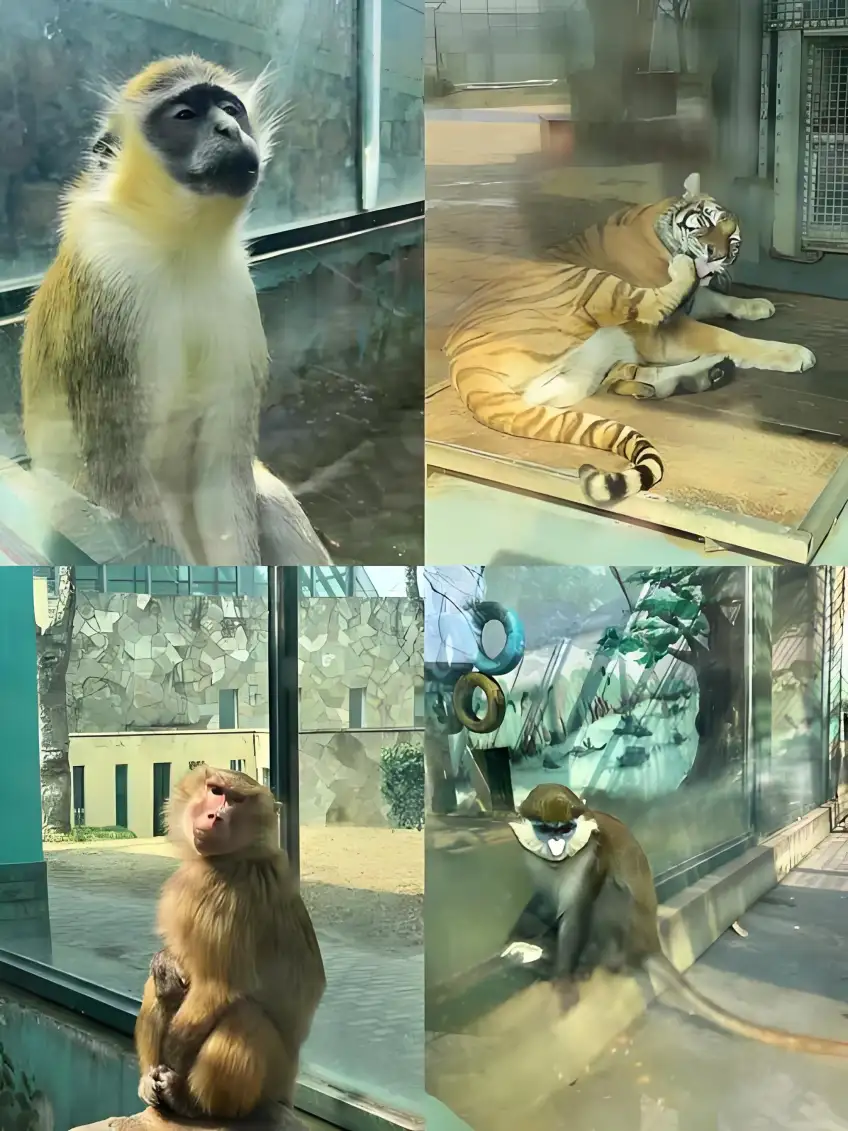 動物園猴虎等動物四格拼版豎圖