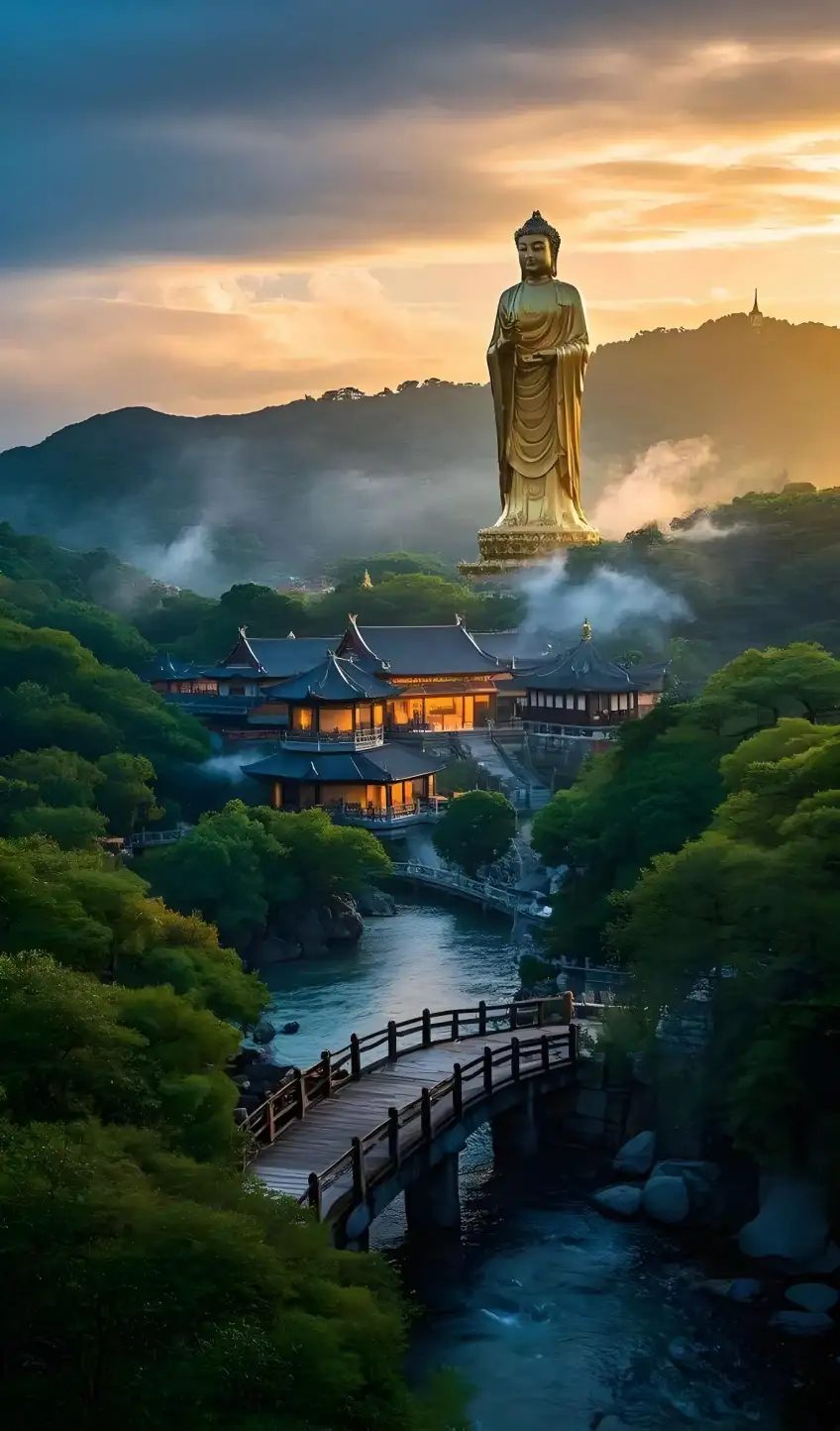 普陀山金色觀音立像俯瞰寺宇與木橋