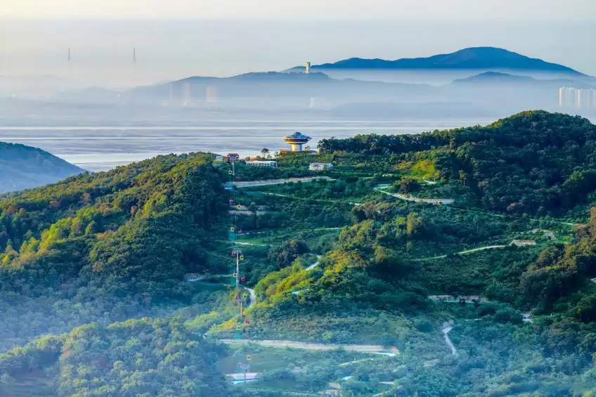 山頂纜車與飛碟形觀景臺俯瞰霧中城區