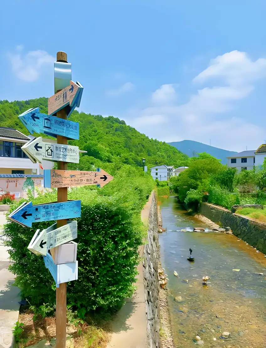 木製指路牌旁石砌水渠與遊動鴨群