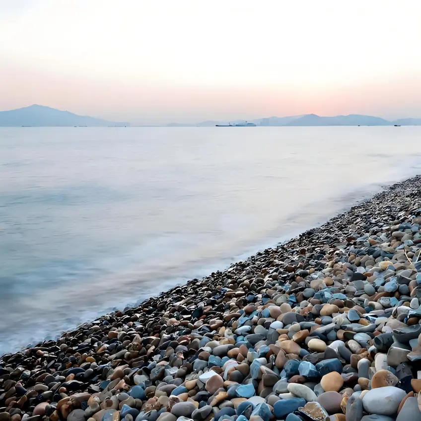 圓潤黑卵石鋪滿的石灘近景