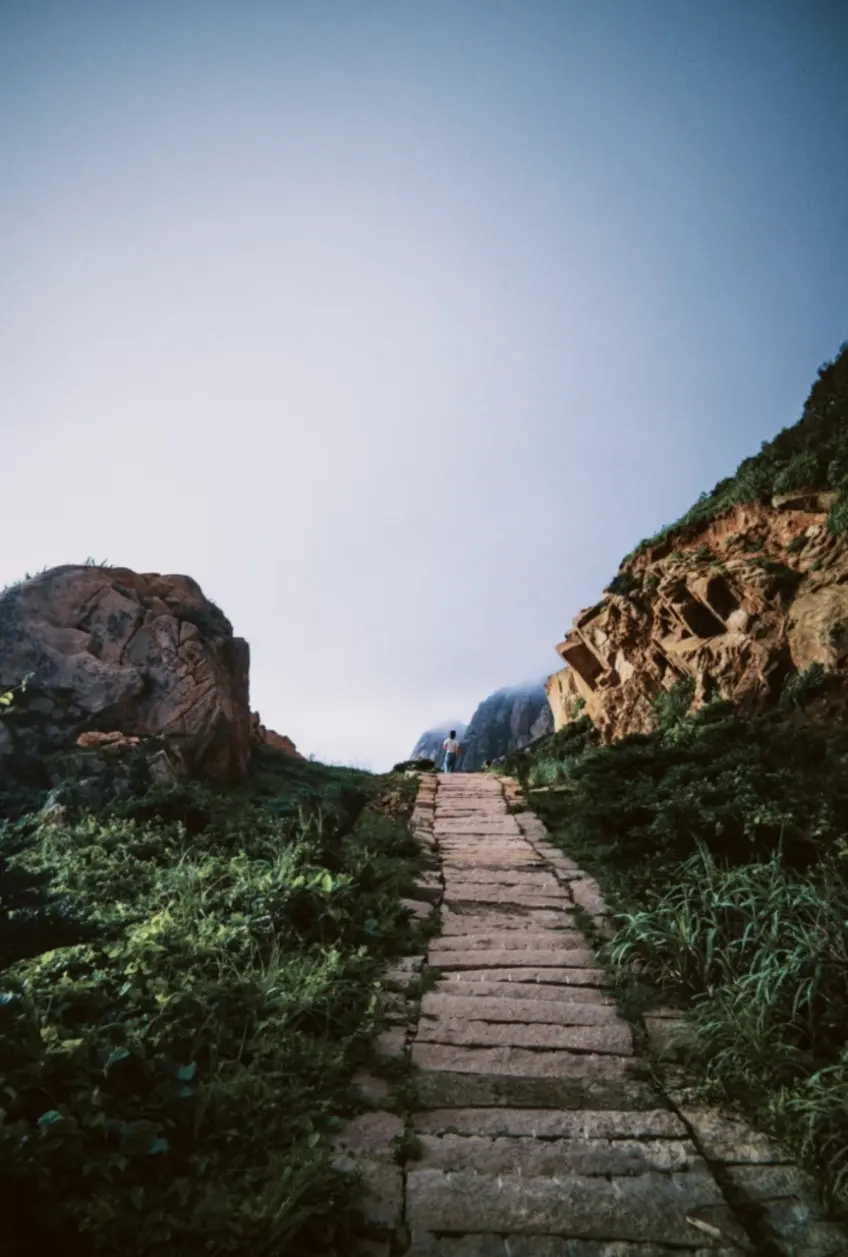 石階山道兩側綠植通向霧中山峰