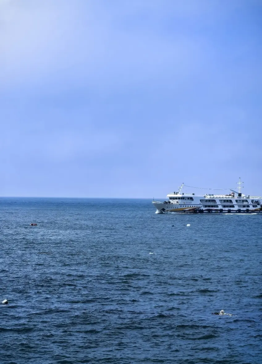 深藍海面上白色輪渡駛向東極