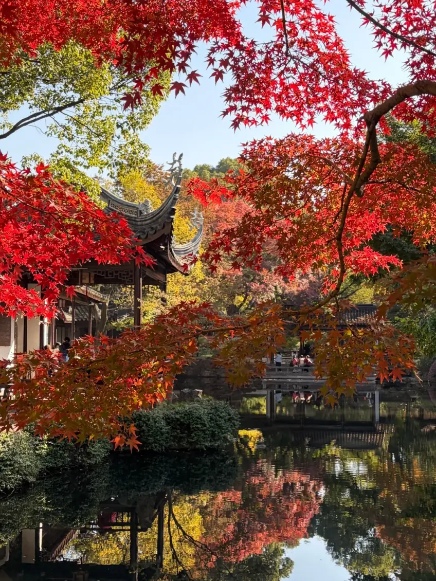 秋日園林紅楓亭廊與池麵倒影