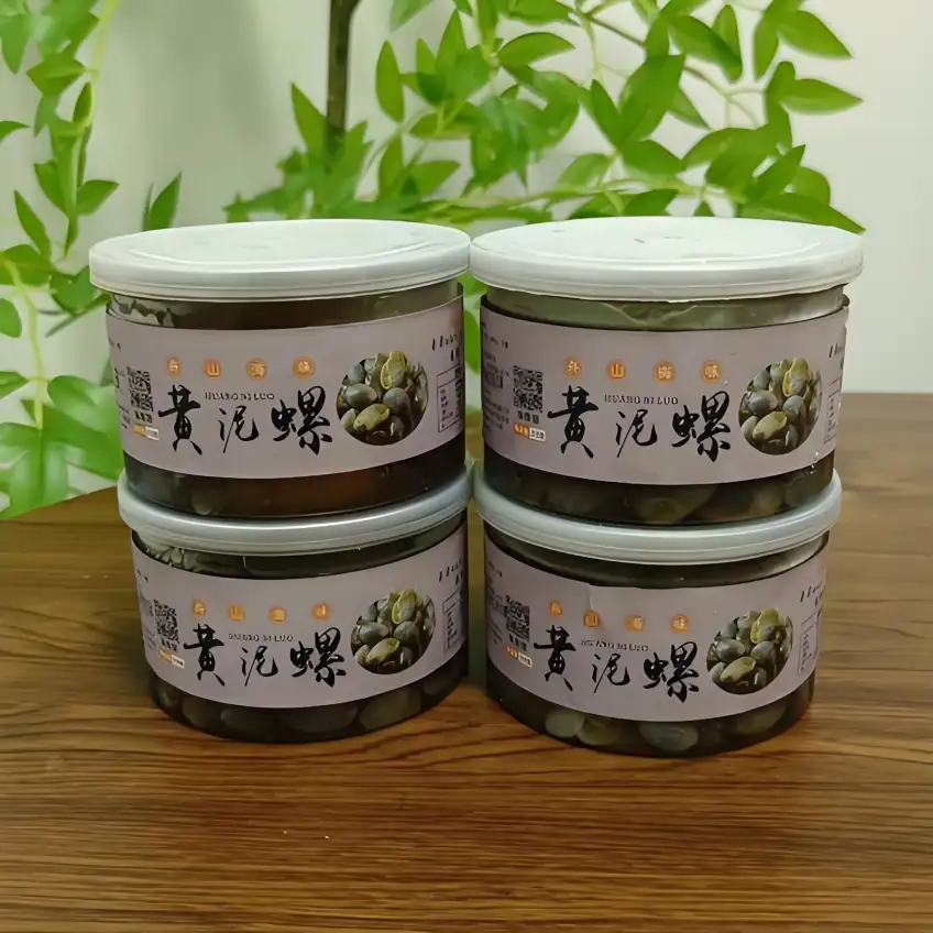 四瓶舟山黃泥螺海味罐裝擺放