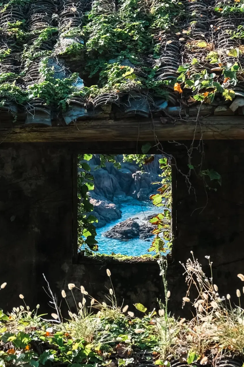 藤蔓石屋小窗內透出碧藍海灣