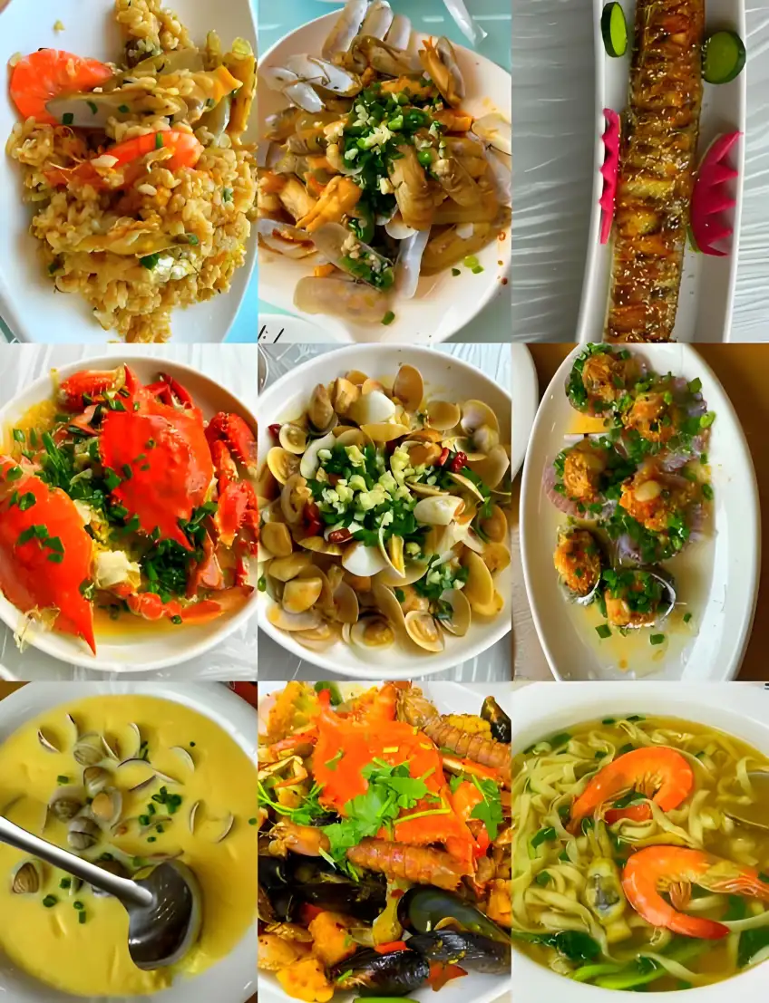 九宮格海鮮炒飯蒸蟹貝類麵示意