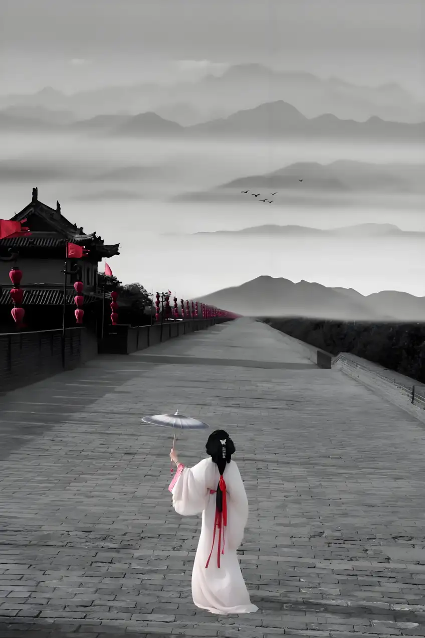 城牆頂欄杆邊取景拍照豎構圖