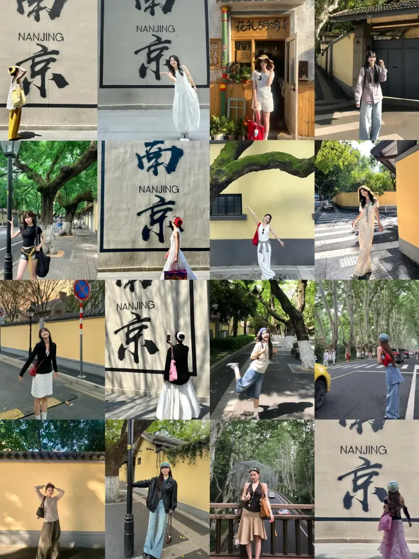 秋日城牆邊淺色穿搭人像豎圖示意