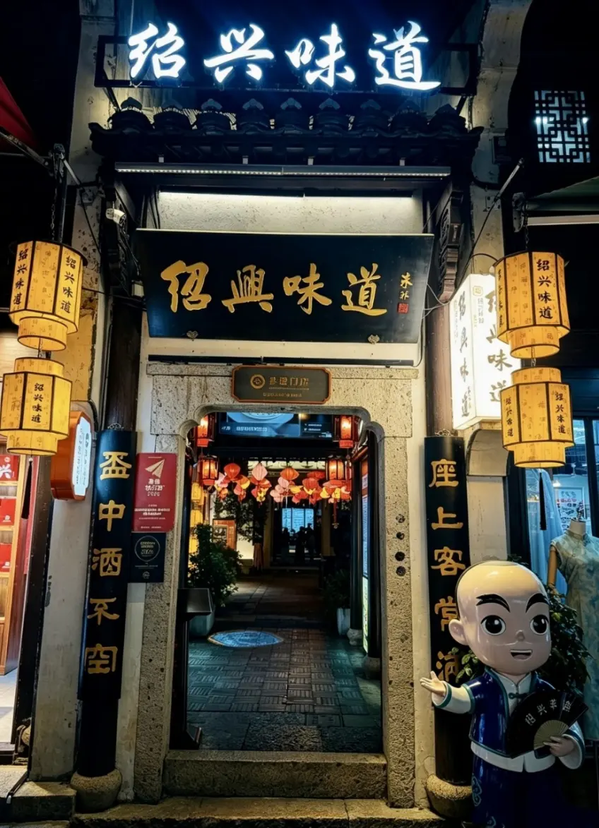紹興味道夜景霓虹店招燈籠與卡通塑像
