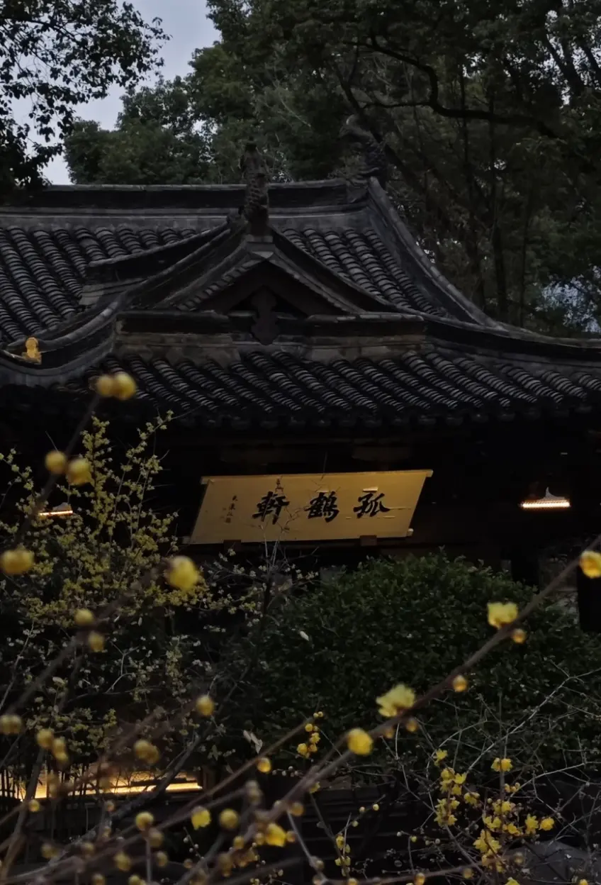 孤鶴軒亭廊飛簷與園內冬日樹影