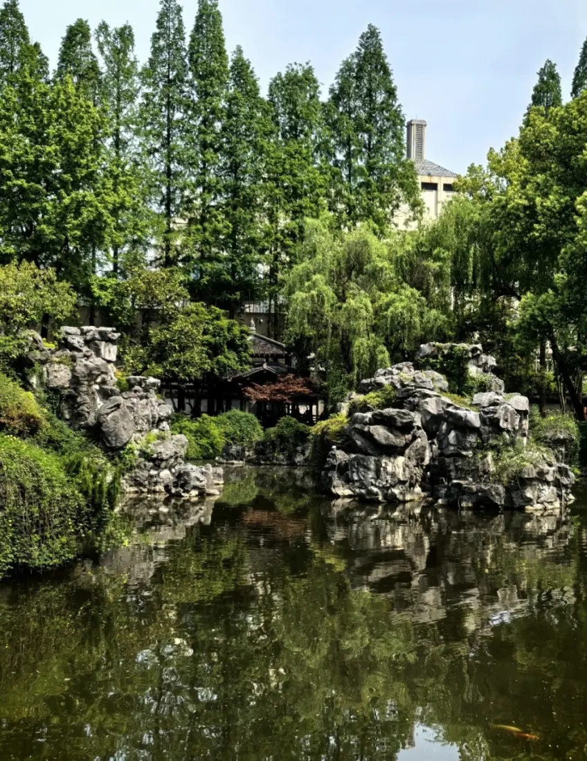 沈園假山旁池塘與柳樹倒影