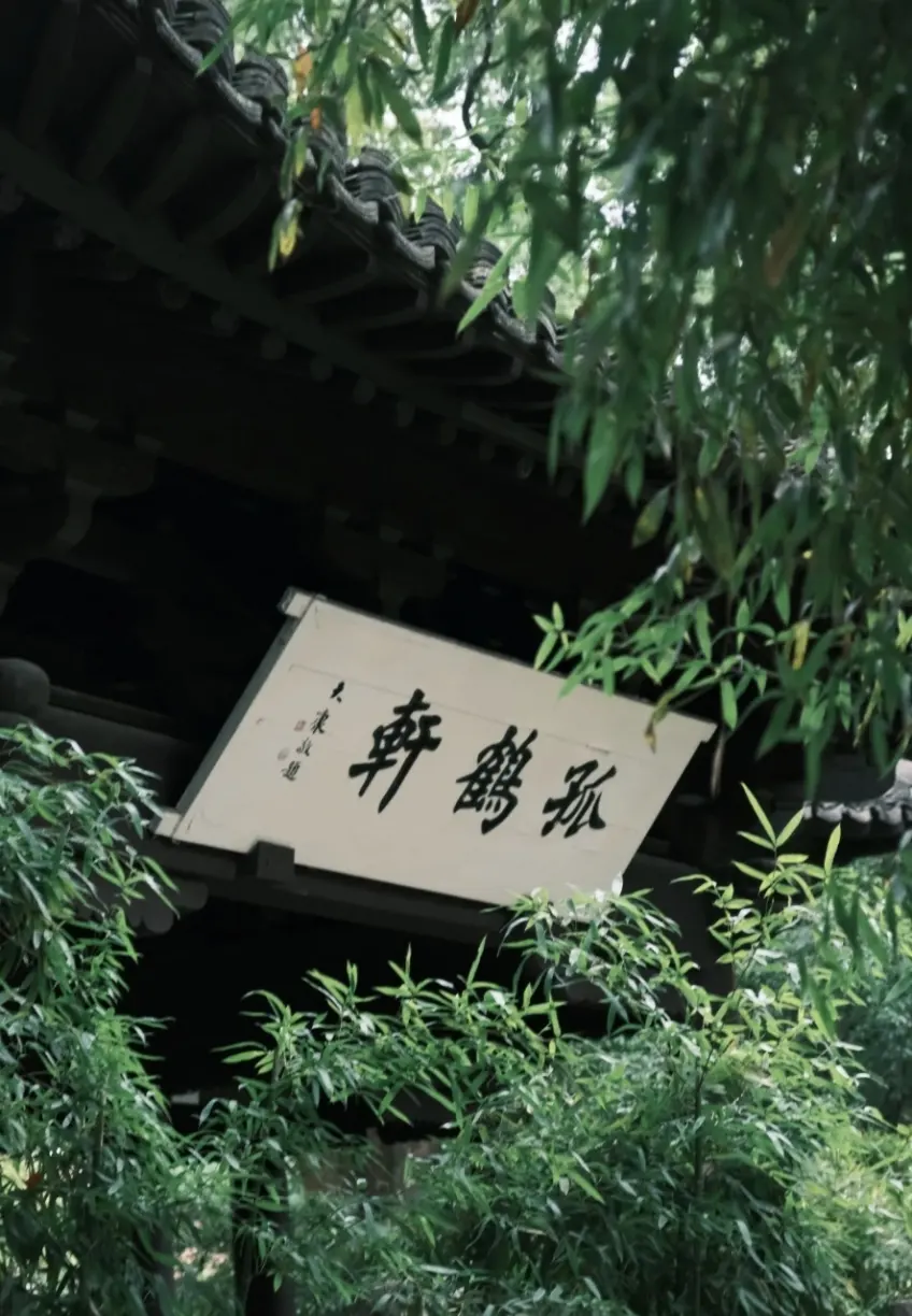 孤鶴軒橫匾被翠竹枝葉區域性遮擋
