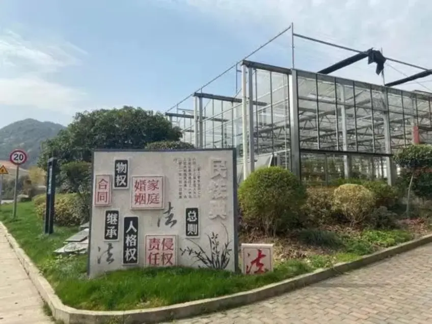 花木村落溫室大棚旁民法典主題石碑
