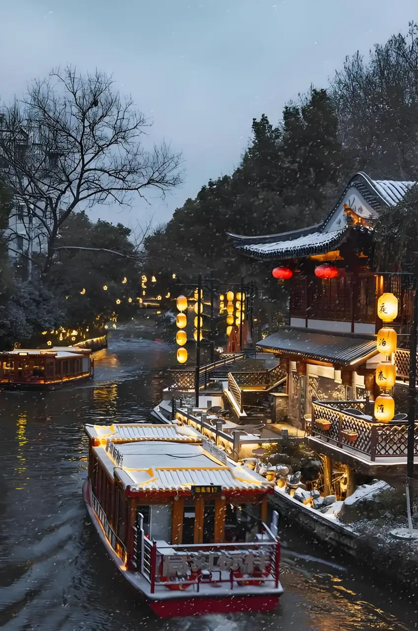 雪夜秦淮河畫舫與河房燈影