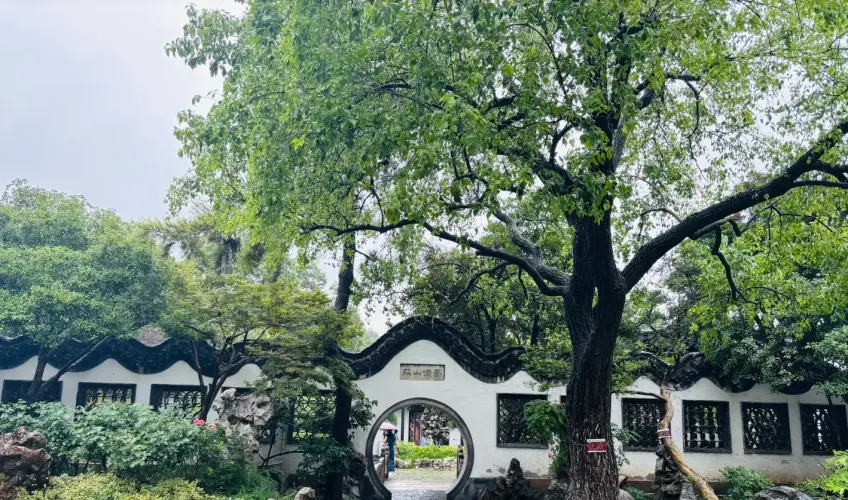 何园白墙月洞门与云墙及绿树庭院