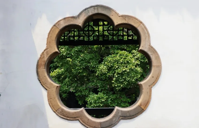 白牆梅花形漏窗透出綠樹框景