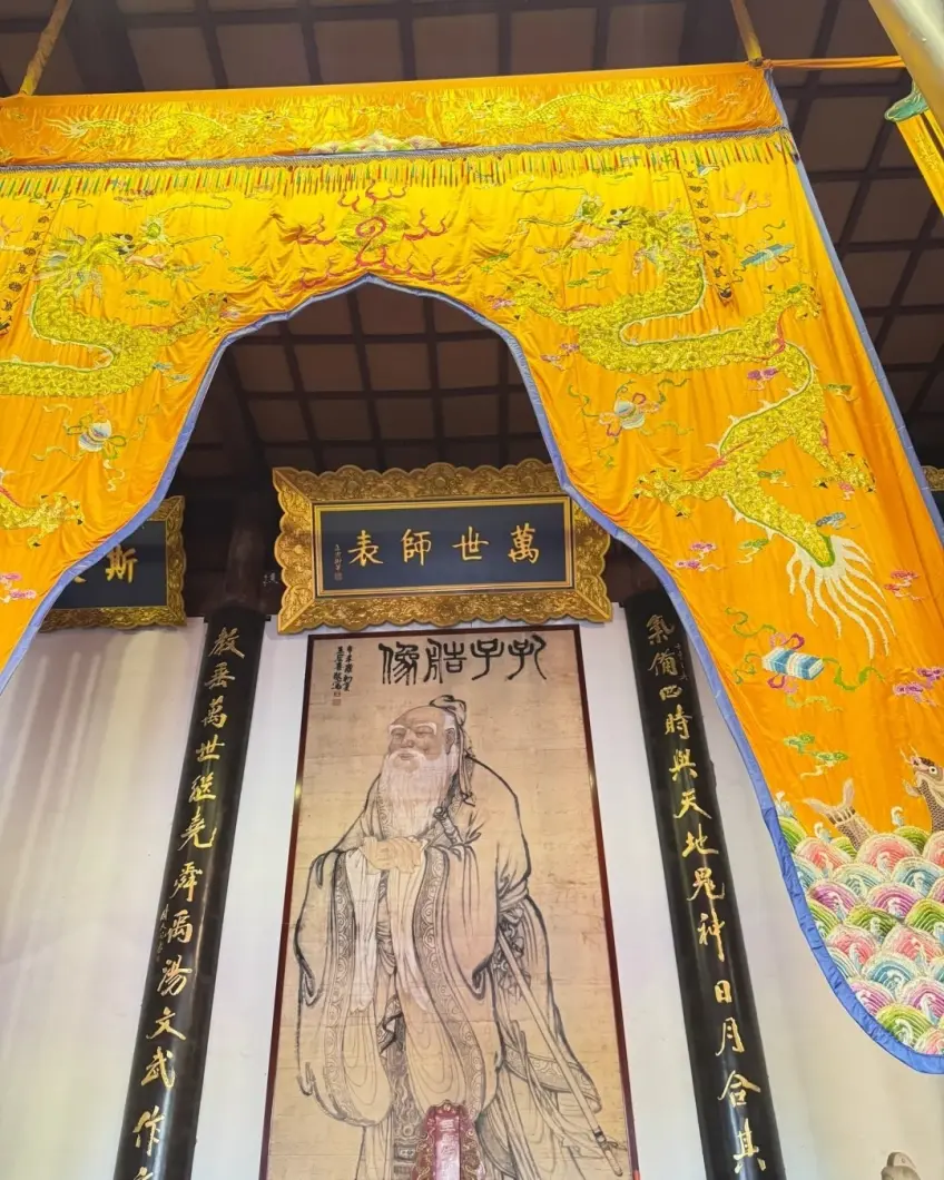 大成殿內孔子畫像與萬世師表匾額