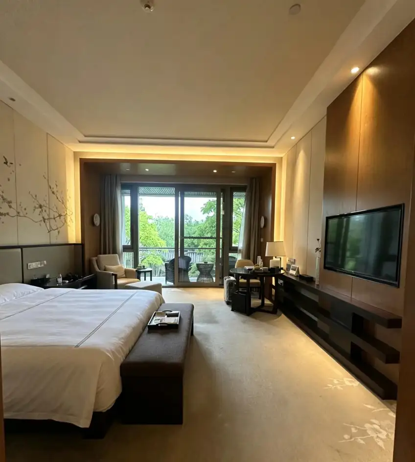 客房内望阳台绿树景致示意