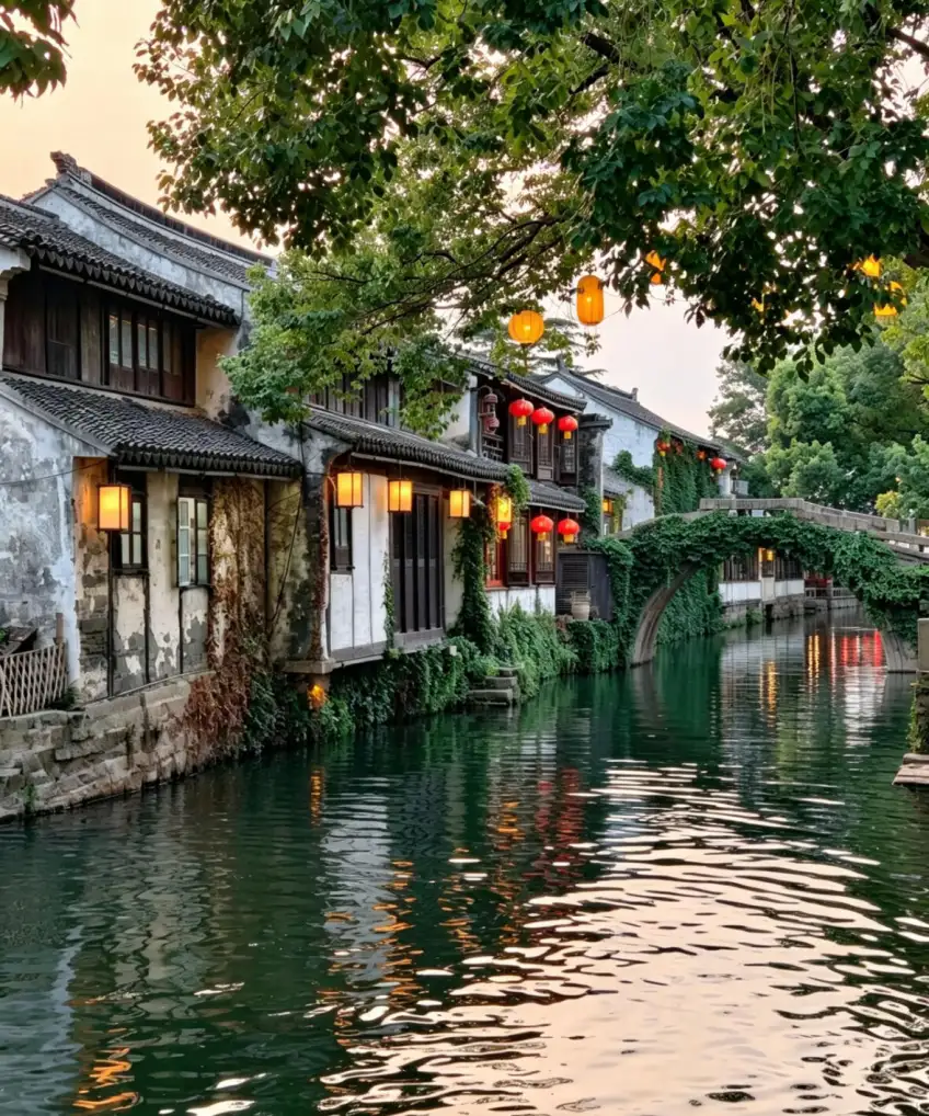 江南水巷灯笼倒影与石桥夜景