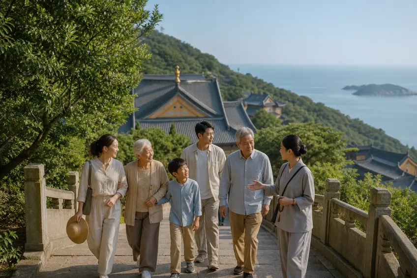 普陀山石階家庭遊客與嚮導