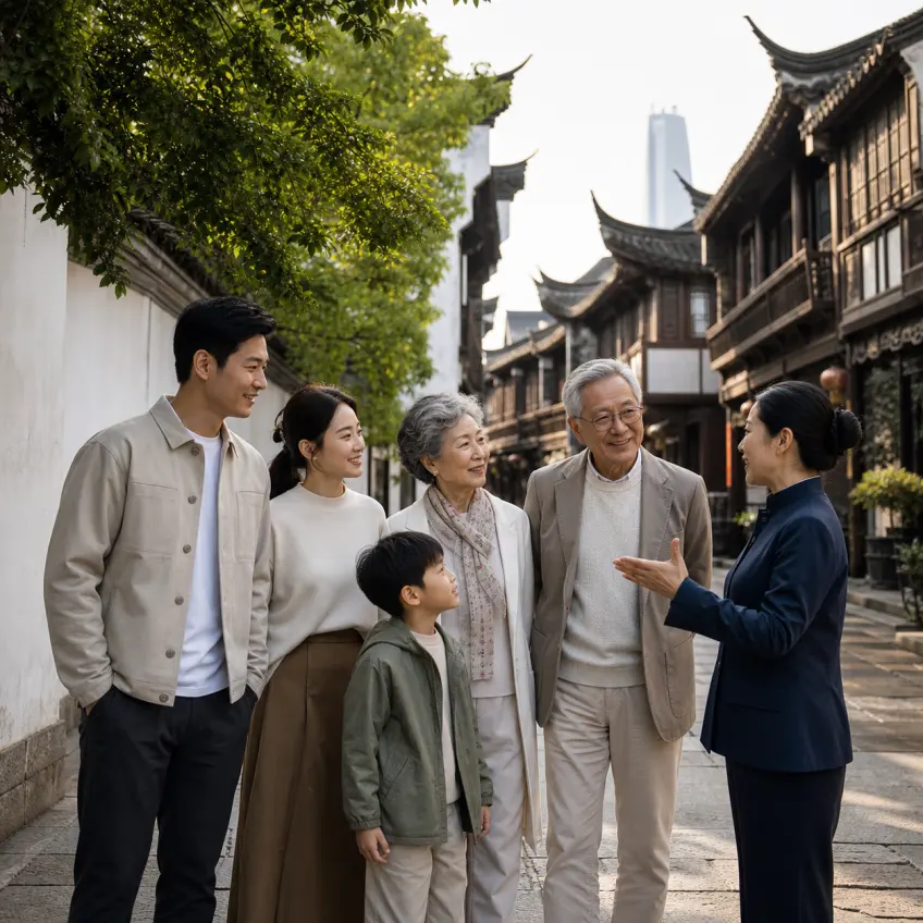 三代人在石板路聽導遊講解