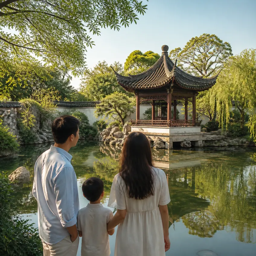 一家三口背影眺望園中六角亭