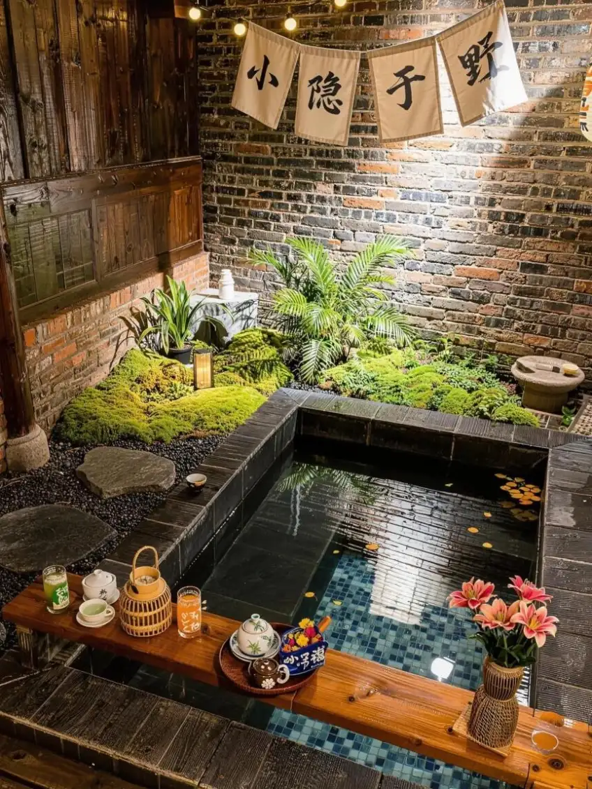 木瀆溫泉私湯庭院茶席與串燈夜景
