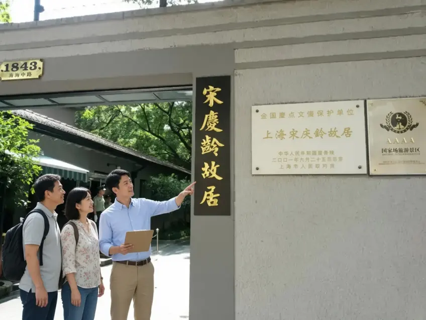 故居門外行程說明示意（虛擬人物，非館內講解）