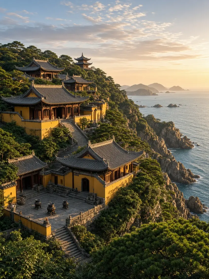 普陀山海岛黄墙寺庙与东海山海全景示意