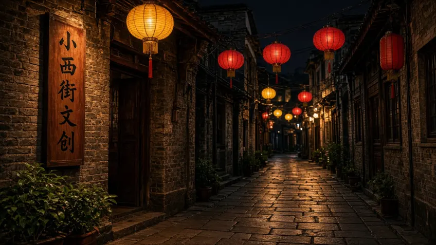 湖州小西街文创夜景巷弄红灯笼示意
