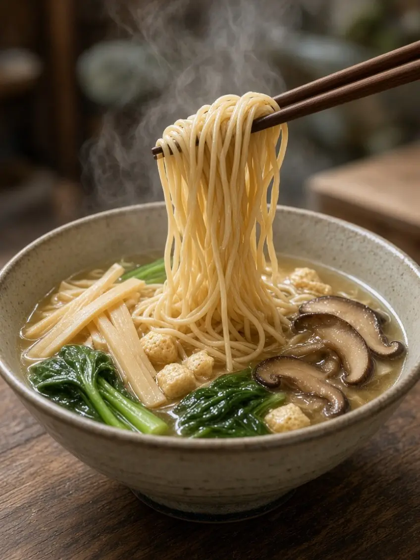 筷子夾起西園寺觀音麵菌菇筍片澆頭示意