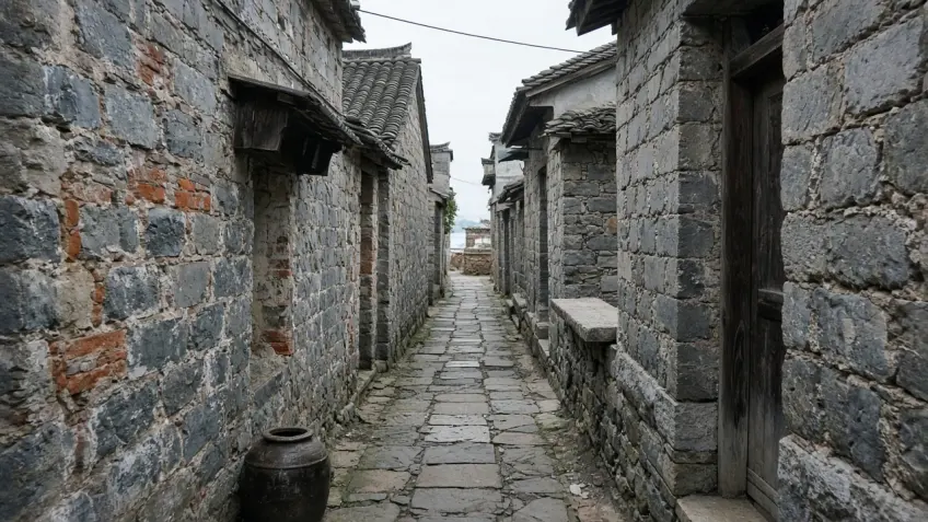 示意：樟州村灰石牆窄巷與石板路
