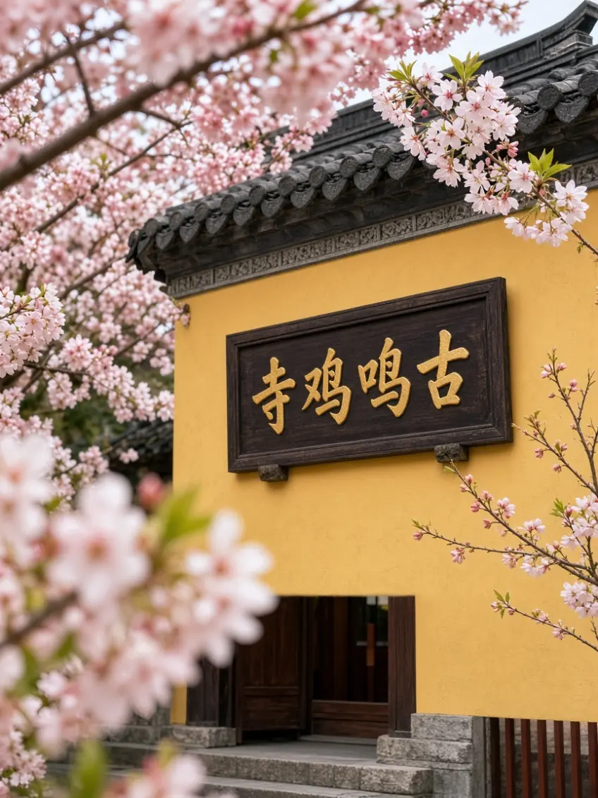 雞鳴寺黃牆古雞鳴寺匾與櫻花示意