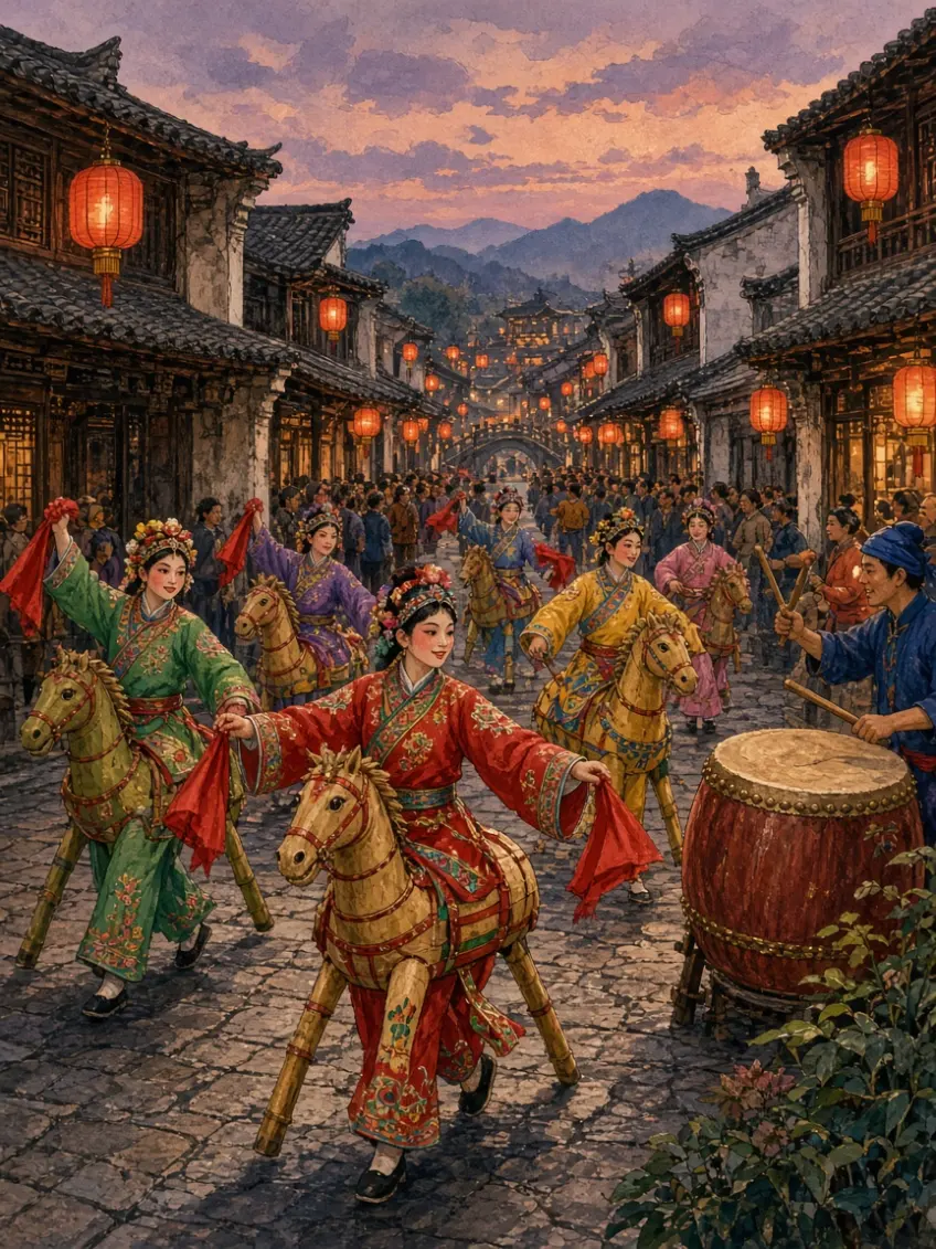 示意图：古镇街巷竹马舞巡游夜景