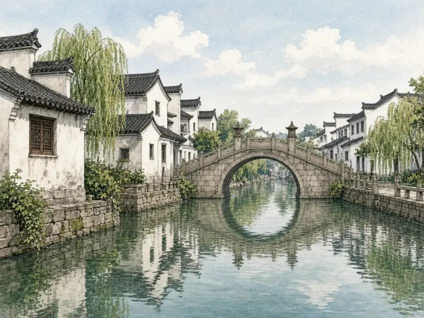 白墙黛瓦石桥与河道倒影的水乡示意