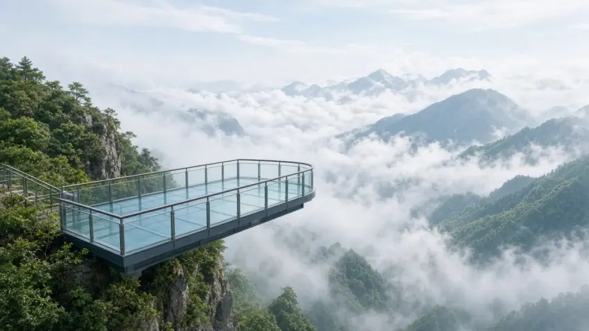 云雾中临崖玻璃观景台风景示意